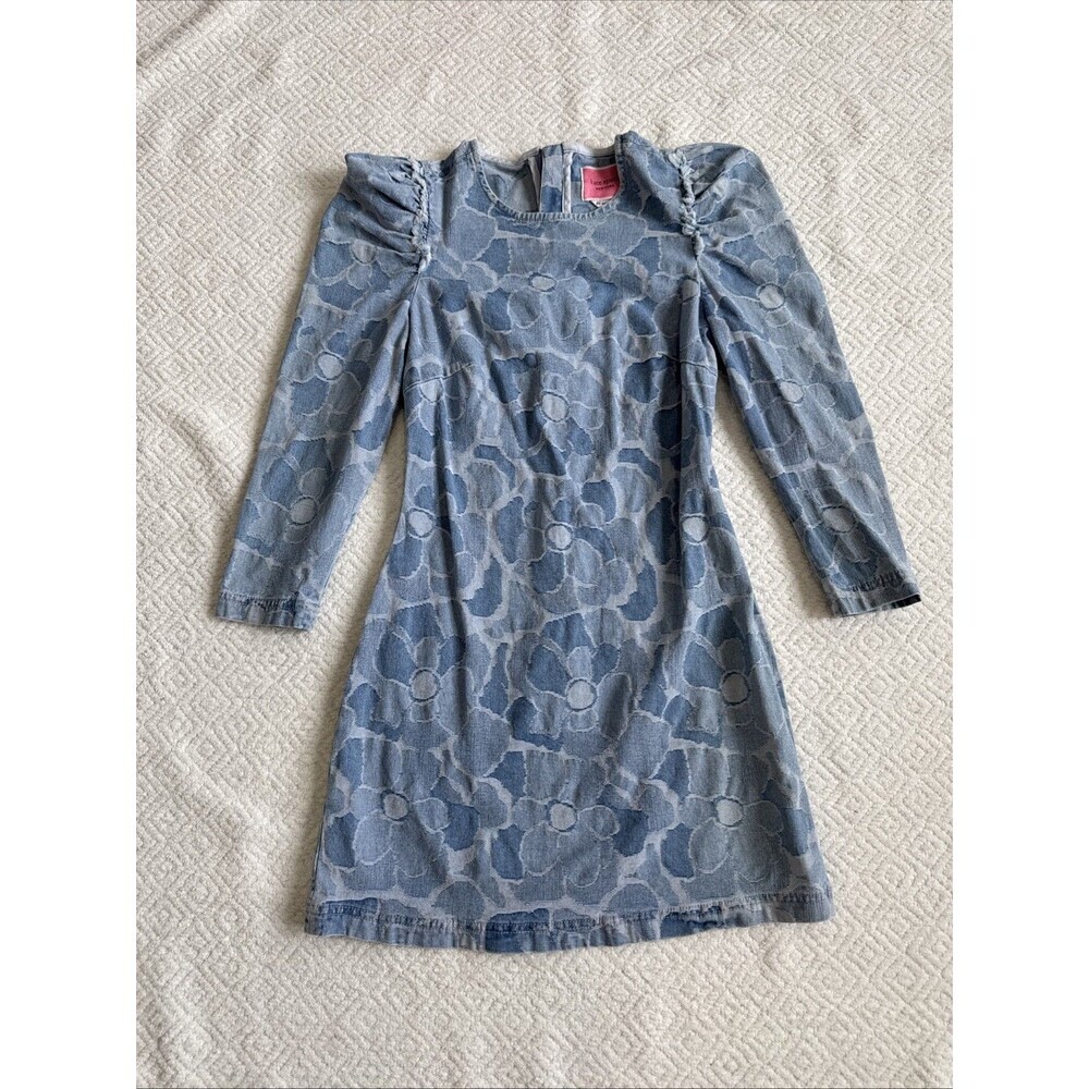 NWOT Kate Spade NY Sheath Floral Denim Puff Long Sleeves Crew Neck Dress Sz 00 - Picture 2 of 9